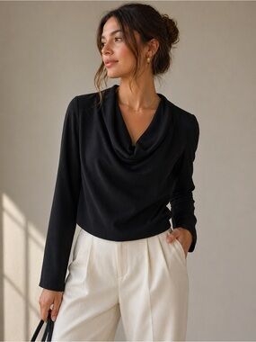 ZARA Black Draped Cowl Neck Blouse – Minimal Chic Top